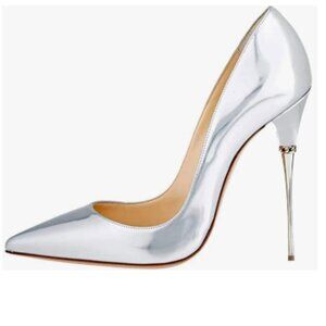 FSJ Silver Sexy Slip On Formal Pumps Stiletto Heels Pointy Toe Chic Party Shoes
